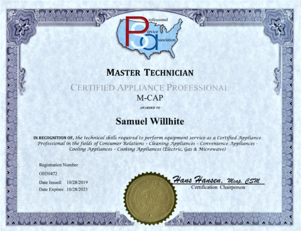 Master Certified Appliance Professional certificate